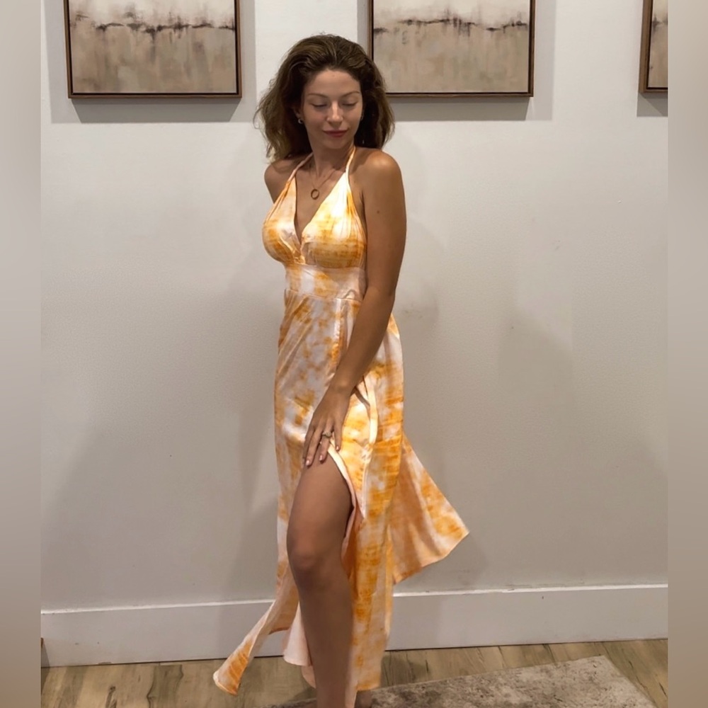 Sunset orange dress, midi/ maxi dress halter neck with tie